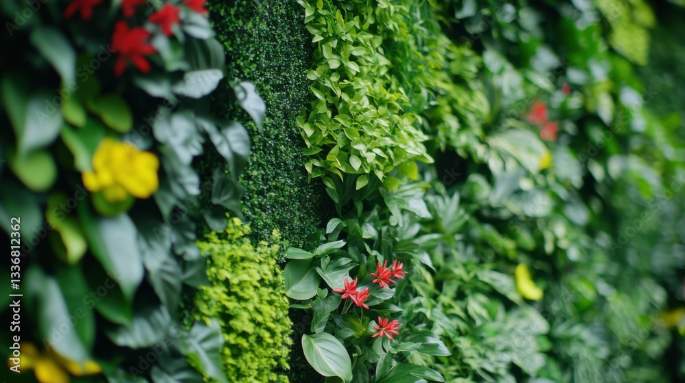 Close-up of a lush vertical garden with vibrant green plants, showcasing urban gardening. A concept of nature, freshness, and modern environmental solutions Close-up of a lush vertical garden with vibrant green plants, showcasing urban gardening. A concept of nature, freshness, and modern environmental solutions