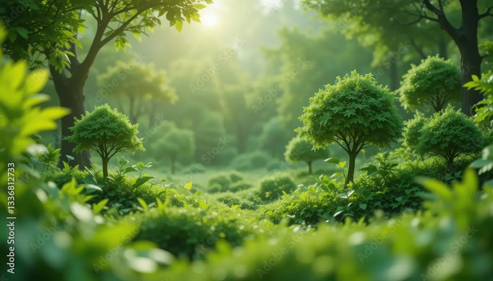 Fototapeta premium ESG diversity concept. A serene forest scene with lush green foliage, illuminating sunlight, and small trees, creating a tranquil atmosphere.