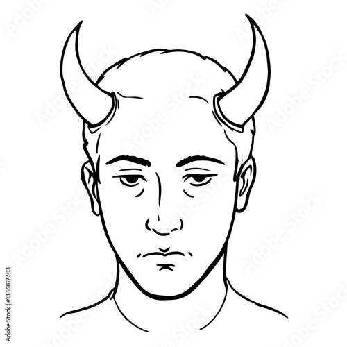 a man with devil horns illustrated in a simple line art style, with a neutral expression vector illustration