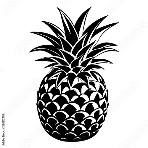 a monochromatic illustration of a ripe pineapple with intricate details. It showcases the spiky crown and segmented body of the fruit