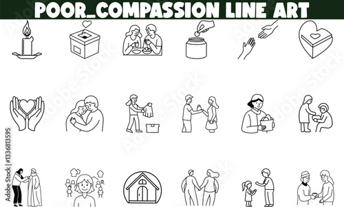 Compassionate Giving Line Art Icons for Poverty Relief