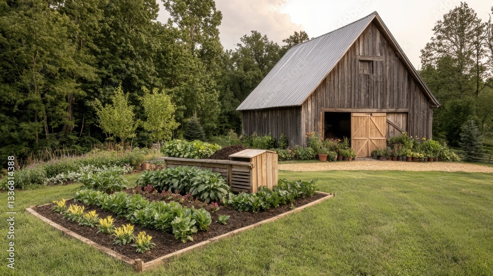 Rustic barn with a lush garden in a serene natural setting. Rustic barn with a lush garden in a serene natural setting.