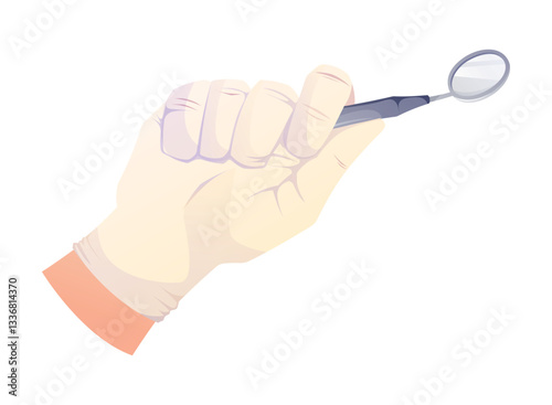 Dentist's hand holding dental mirror tool. Vector isolated cartoon illustration of a gloved hand with a medical instrument for oral examination. Stomatology, dentistry, and healthcare concept.