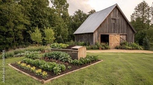 Rustic barn with a lush garden in a serene natural setting. photo
