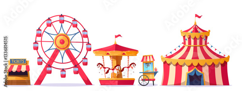 Colorful amusement park attractions featuring a ferris wheel, carousel, and circus tent isolated on white background. Vector illustration cartoon style elements for festive celebrations and family fun