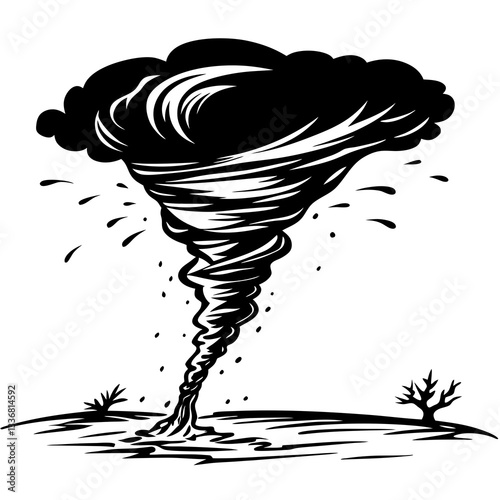 a dramatic illustration of a powerful tornado, swirling its way across a barren landscape. The dark, ominous clouds and swirling vortex create a sense of impending danger