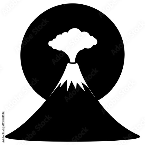 a stylized illustration of a volcanic eruption against a black backdrop, symbolizing power and nature's forces
