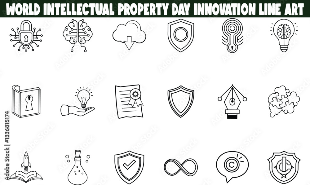 Fototapeta premium World Intellectual Property Day Innovation, Ideas, Protection Line Art Icons