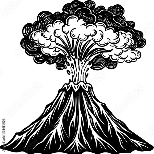 a dramatic black and white illustration of a volcano erupting with smoke and lava vector illustration