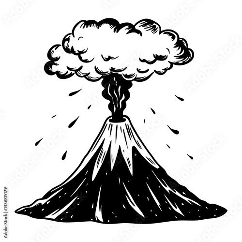 a detailed illustration of an erupting volcano spewing ash, smoke, and molten lava