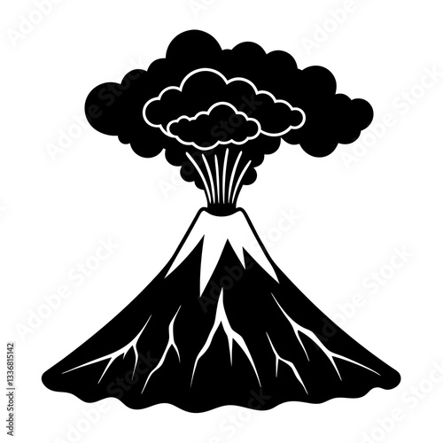 a black and white illustration of an erupting volcano with smoke billowing out from the crater