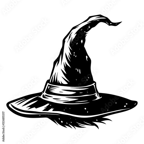 an old witch hat with a wide brim and a pointed top. It is a symbol of magic, Halloween, and mystery