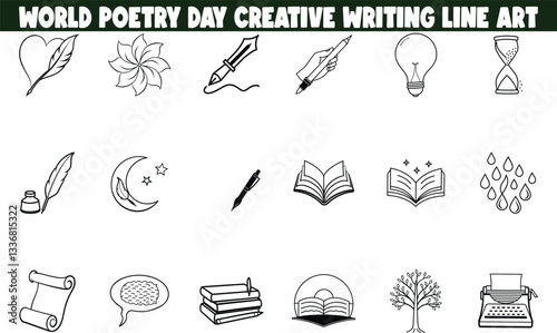 World Poetry Day Creative Writing Line Art Icons Collection