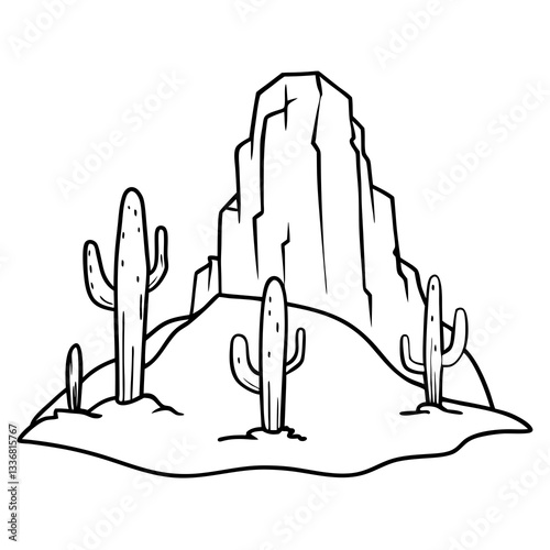 a detailed desert landscape with rock mountain and cacti vector illustration