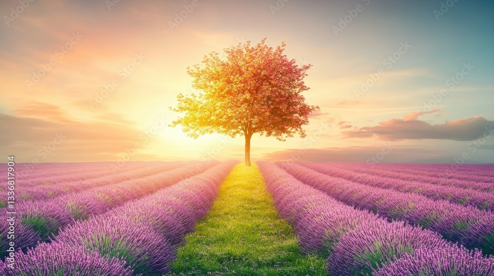 Obraz premium A tree stands in a field of lavender flowers