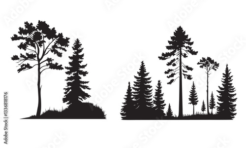 Tree and forest silhouettes, vector illustrations of trees and wild nature objects to create your own nature. Vector illustration