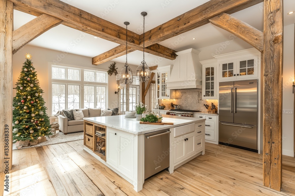 Fototapeta premium Elegant modern farmhouse kitchen with large island, white cabinets, and stainless steel appliances, adorned with Christmas decorations and festive lights.