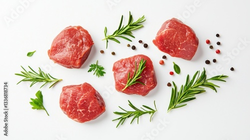 Fresh raw beef steaks garnished with herbs and spices on a white background.