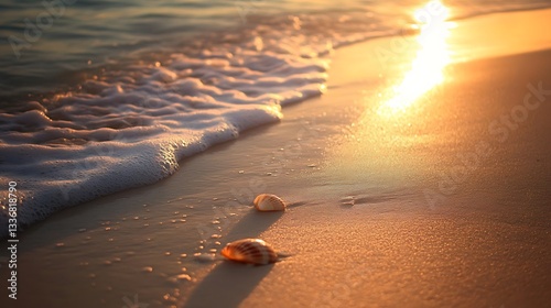 A peaceful beach at dawn with gentle waves, seashells scattered on the sand, and the first light of the day 