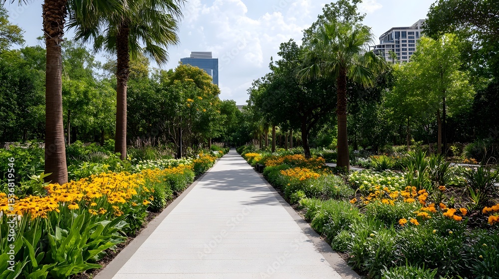 Fototapeta premium Tranquil Urban Park Oasis with Walking Paths, Trees and Vibrant Flowers