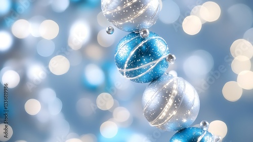 Festive blue and silver ornaments, bokeh background