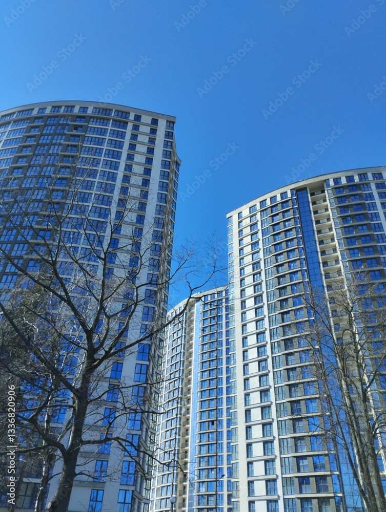 A modern apartment building. Urban residential complex. High-rise apartment building