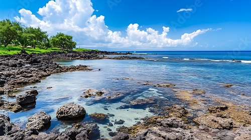 A peaceful beach with a rocky shoreline, tide pools filled with marine life, and the sound of crashing waves