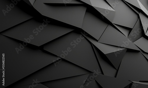 Angular, overlapping matte black fragments create a chaotic, three-dimensional mosaic with sharp edges, depths and varying heights