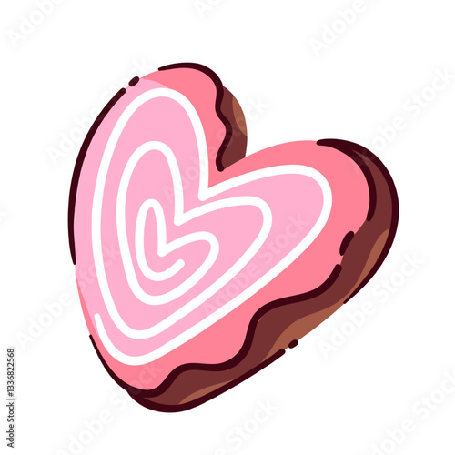 Chocolate cookie with icing and heart shape. Cookie with pink glaze decor from pastry shop, bakery. Valentines Day mascot, dessert and sweet love gift cartoon vector illustration