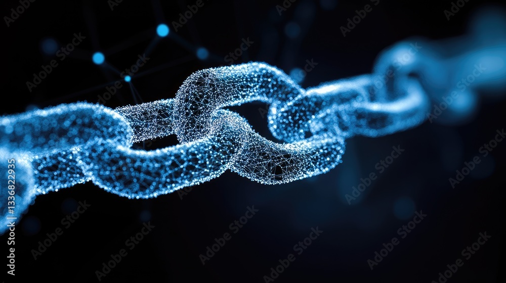 Digital chain link icon with small interconnected nodes in the background. Digital chain link icon with small interconnected nodes in the background.