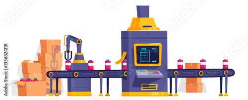 Industrial factory production line with robotic automation and packaging machinery for efficient manufacturing processes in modern industries. Cartoon vector illustration. AI factory concept
