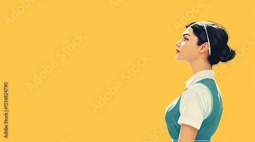 Smiling housemaid woman with cleaning supplies, representing home cleaning, domestic work, and sanitation services, ideal for housekeeping advertisements, comic book style