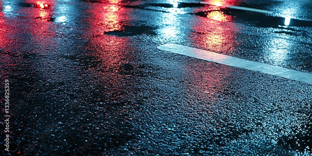 Wet asphalt reflects city lights at night