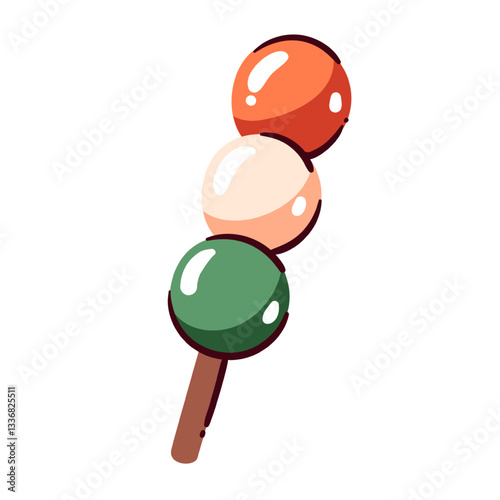 Hanami Dango. Japanese traditional dessert. Chewy three coloured sanshoku dumplings on skewers. Asian sweet food dango vector illustration in cartoon style.