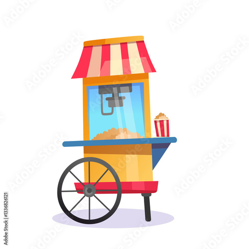 Colorful cartoon vector illustration of a popcorn cart with a striped canopy and popcorn bucket, perfect for food and carnival themed designs. Flat style amusement park vector illustration icon
