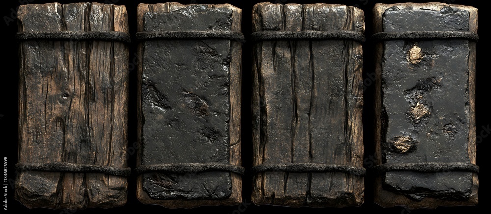 Four aged wooden blocks, bound
