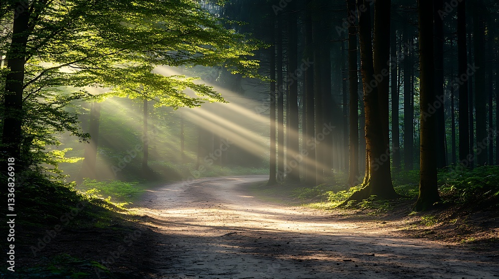 Obraz premium A peaceful forest path winding through a dense woodland, with sunlight streaming through the trees