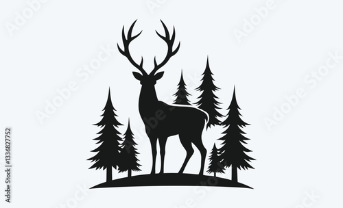 Silhouette of a deer with pine trees, forest scenery illustration