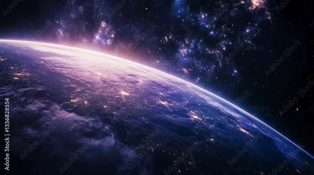 Fototapeta premium A beautiful blue and purple planet with a bright orange sun in the center. The sky is filled with stars and the planet is surrounded by a cloud of dust