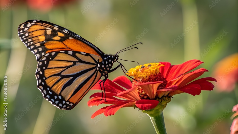 Fototapeta premium Monarch Butterfly and Blossom: Capturing the delicate beauty of nature, a majestic Monarch butterfly alights gracefully upon a vibrant red flower in a sun-kissed garden.