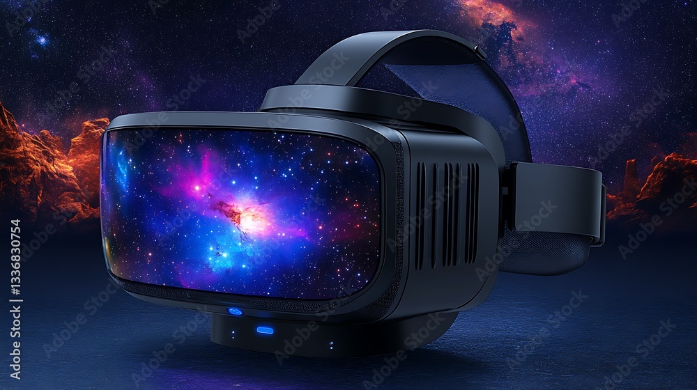 VR headset, cosmic view, dark background