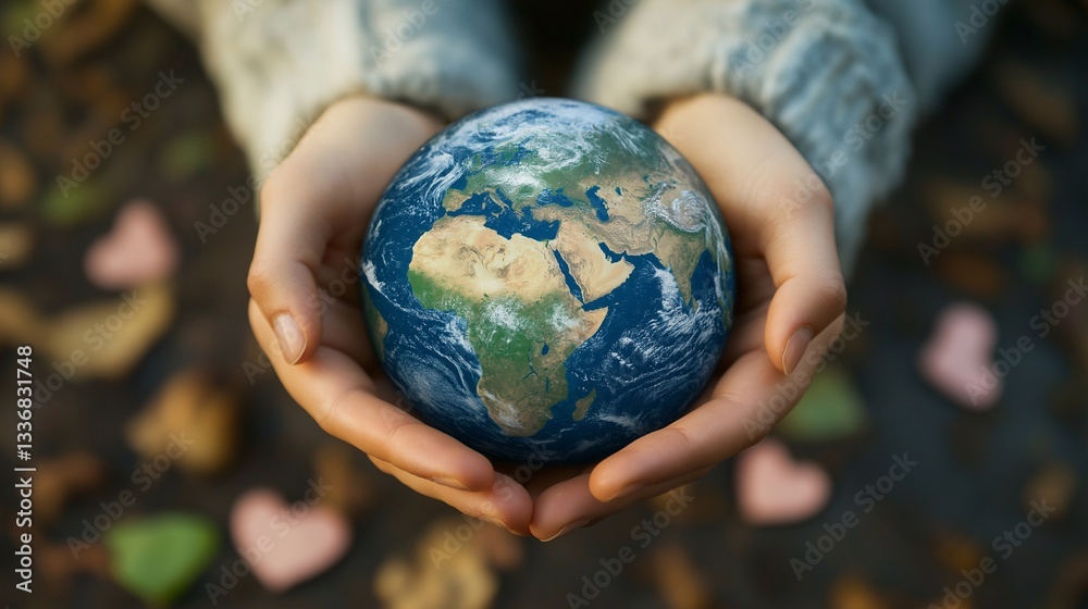 Gently cradling a miniature earth globe amidst vibrant green foliage, hands symbolize environmental protection and raise awareness for earth day and sustainability. Environmental care Gently cradling a miniature earth globe amidst vibrant green foliage, hands symbolize environmental protection and raise awareness for earth day and sustainability. Environmental care
