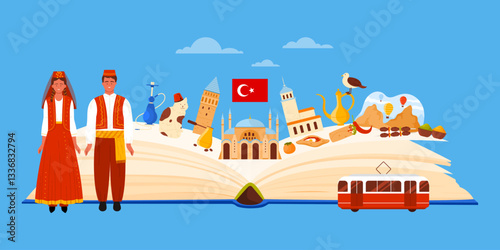 Travel to Turkey, Turkish people and culture elements, landmarks in infographic collage. Istanbul historical architecture and traditional food, hookah on open guide book cartoon vector illustration
