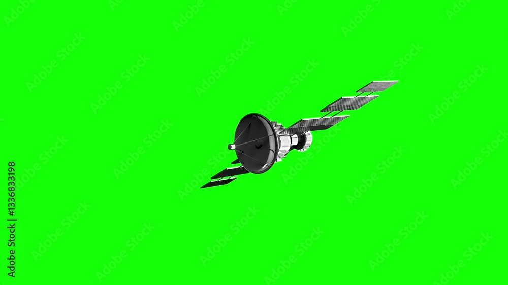 A 3d model of space satellite with dish, futuristic sputnik model animation render floating and spinning, isolated on chroma key green screen background. A 3d model of space satellite with dish, futuristic sputnik model animation render floating and spinning, isolated on chroma key green screen background.