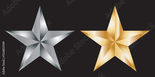 Five golden stars cut out isolated on transparent background