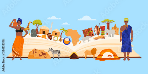 Travel to Africa infographic collage with open giant book and nature, culture elements and food. African man and woman in tribal costumes and turban, traditional houses cartoon vector illustration