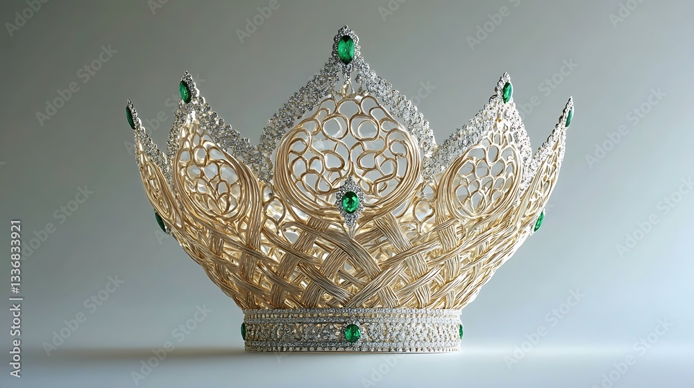 Ornate gold crown, gems, white background