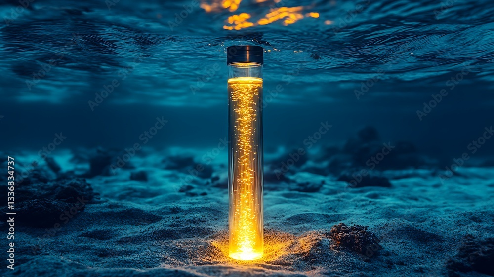 Glowing tube underwater, ocean floor