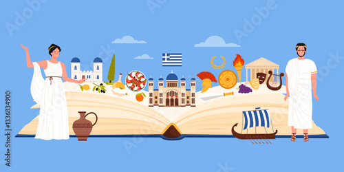 Travel to Greece collage with open book, landmarks and culture elements, food. Greek man and woman in ancient white chiton and toga, Santorini houses with blue domes cartoon vector illustration
