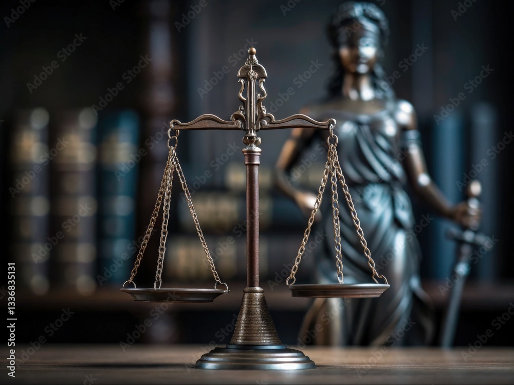 A symbolic representation of justice, featuring scales balanced in front of a statue, suggesting law, fairness, and the judicial system.